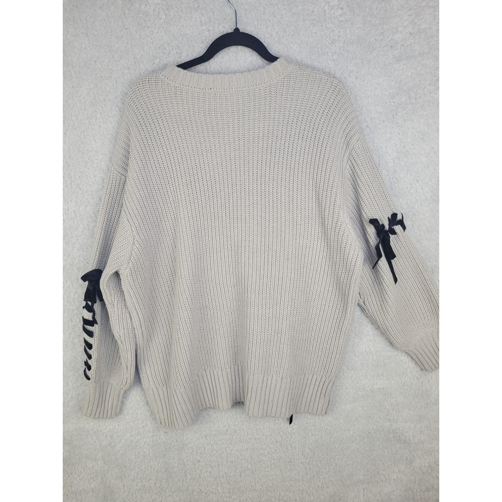 One Way Women's Sweater F Beige Knit Pullover Black Ribbon Lace Up Detail Japan - Picture 3 of 9